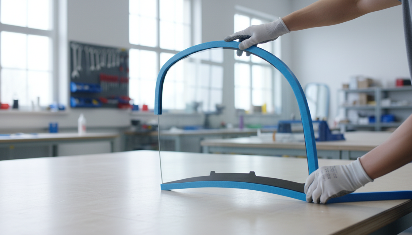 Installation profil bleu sur panneau verre